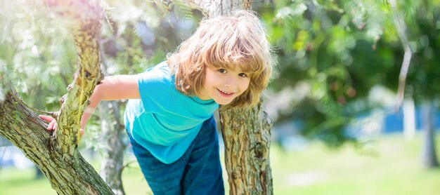 Grimper aux arbres est toujours amusant Enfant garçon actif grimper à l'arbre Amusement de l'enfance Activités d'été Conception d'affiches horizontales Espace de copie d'en-tête de bannière Web