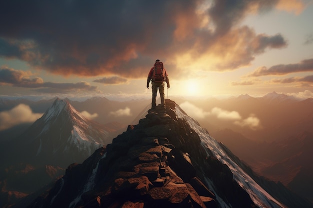Un grimpeur atteignant le sommet d'une montagne