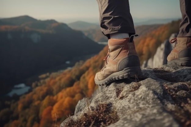 grimpeur de baskets en gros plan grimpant sur une belle montagne AI