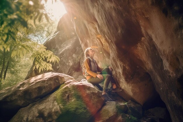 Grimpeur dans les rayons du soleil dans le concept de sports extrêmes actifs sur la montagne Randonnée d'escalade