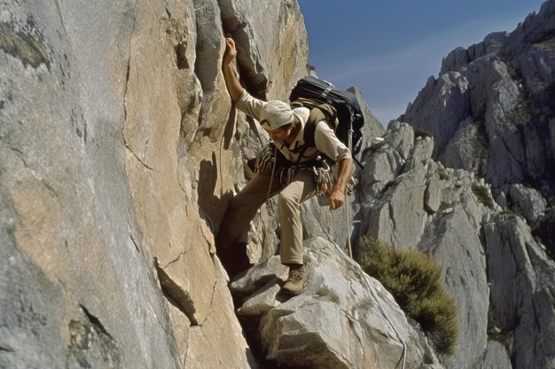 Grimpeur dans les rayons de soleil dans le concept de sports extrêmes actifs sur la montagne Randonnée escalade aventure