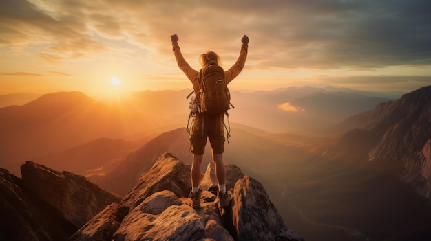 un grimpeur debout sur la montagne avec ses mains en l'air pour réussir