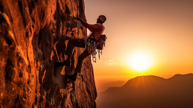 Un grimpeur sur une falaise au coucher du soleil