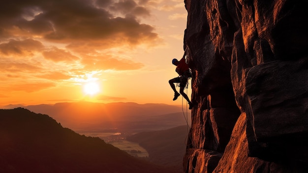 Un grimpeur sur une falaise au coucher du soleil