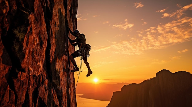 Un grimpeur sur une falaise avec le soleil couchant derrière lui