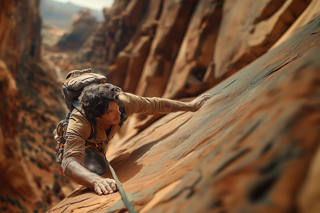 un grimpeur grimpe sur une montagne tenant les rebords avec ses mains vue supérieure