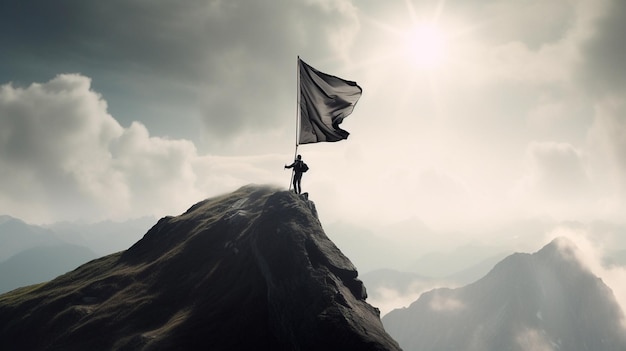 Photo un grimpeur met un drapeau au sommet d'une montagne ai générative