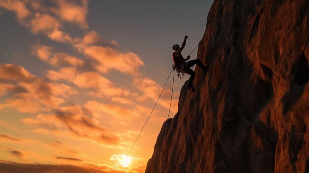 Un grimpeur sur un rocher avec le soleil couchant derrière lui