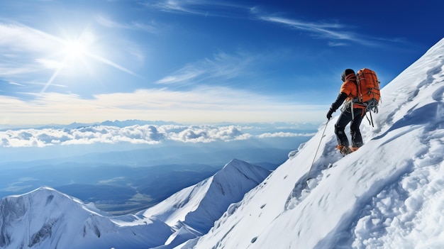 Grimpeur avec sac à dos et raquettes sur fond de montagnes