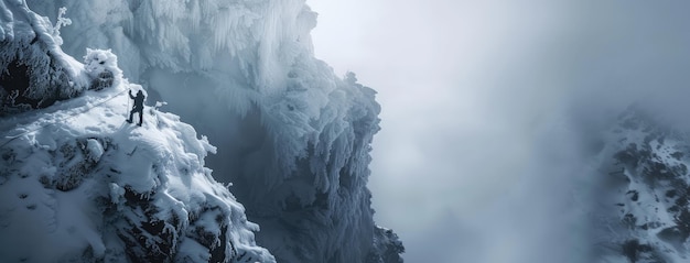 Un grimpeur solitaire sur le bord d'une montagne enneigée