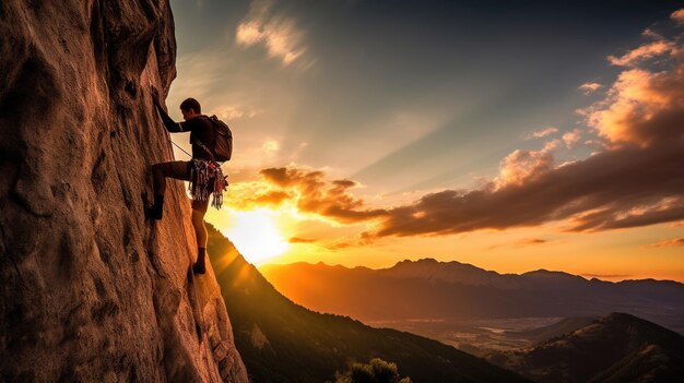 Un grimpeur en solo au coucher du soleil une ascension gracieuse et délibérée