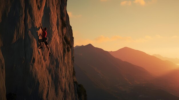 Un grimpeur en solo au coucher du soleil dans une zone tranquille Les mouvements gracieux et fluides d'un grimpeur