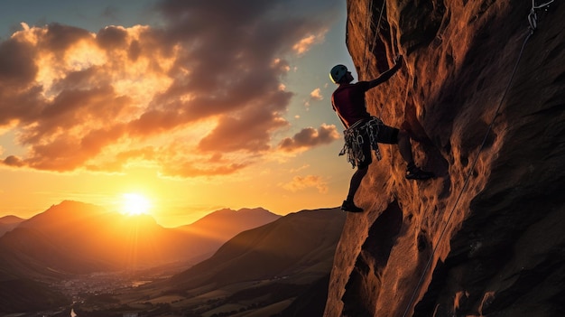 Un grimpeur en solo dans une ascension calme au coucher du soleil