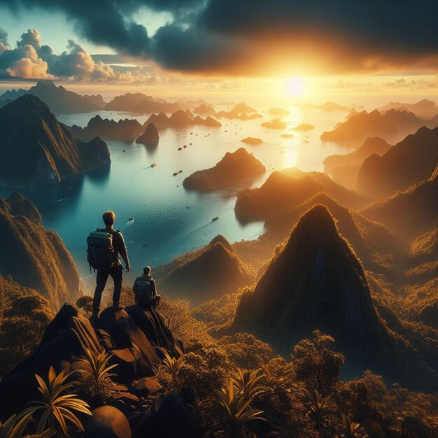 Photo les grimpeurs apprécient la beauté des montagnes et de la mer au coucher du soleil.