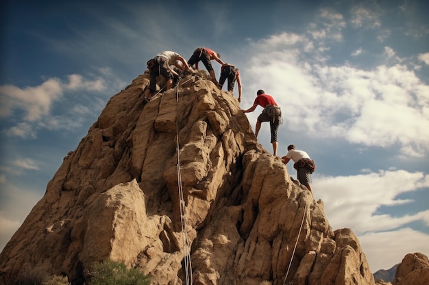 Grimpeurs grimpant sur un rocher dans le désert de Californie Grimpeurs aidant un autre grimpeur à grimper Vue arrière Aucun visage visible AI généré