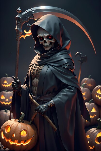 Grimreaper dans un manteau noir avec une faucille dans les mains se tient à côté des citrouilles