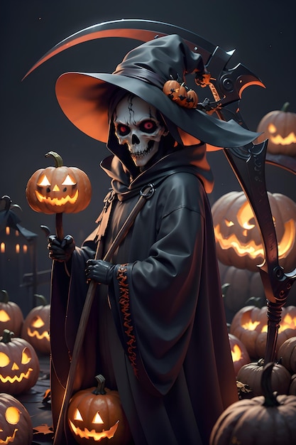 Grimreaper dans un manteau noir avec une faucille dans les mains se tient à côté des citrouilles