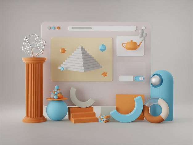 Gris pâle et bleu avec navigateur Web 3d varian pour la maquette du créateur de scène