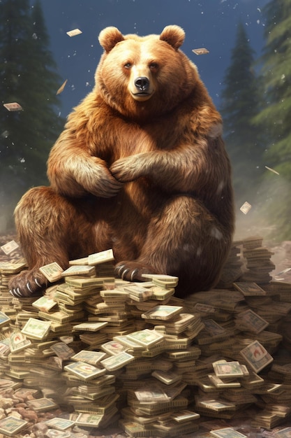 Grizzly sur une pile de billets d'argent Generative AI