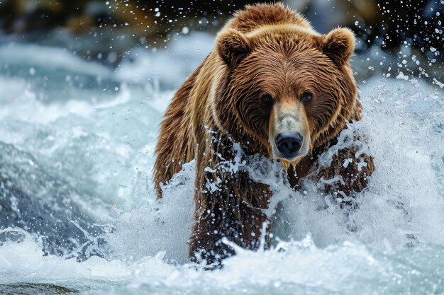 Un grizzly en pleine course à la chasse au saumon dans une rivière torrentielle