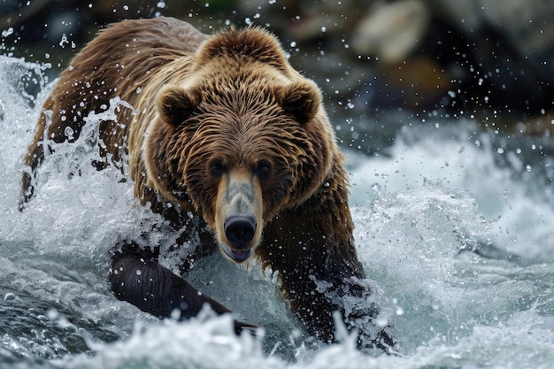 Un grizzly en pleine course à la chasse au saumon dans une rivière torrentielle