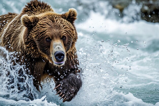 Un grizzly en pleine course à la chasse au saumon dans une rivière torrentielle