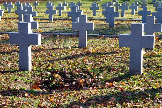 Grodno Bélarus 26 octobre 2018 Grand cimetière militaire de nombreuses grandes croix de pierre blanche drapeau polonais un mémorial bien entretenu moderne