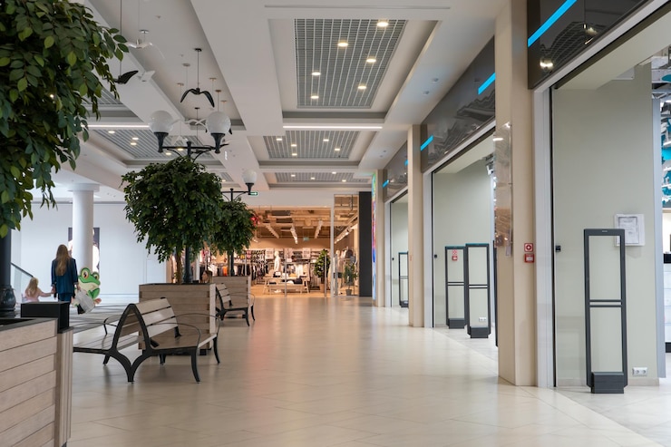 Photo grodno biélorussie 20 mai 2021 couloir d'un grand centre commercial bancs et aires de loisirs pour les visiteurs du magasin belles plantes ornementales dans le centre commercial