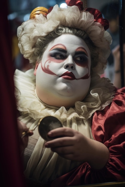 Un gros artiste en costume s'applique délicatement du maquillage en se regardant dans le miroir avant de se produire