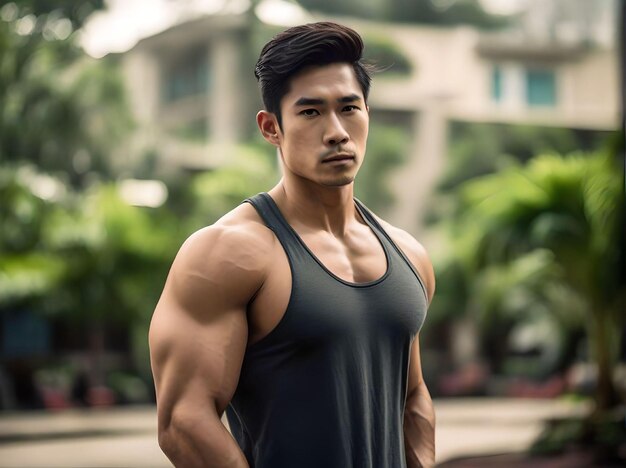 Un gros Asiatique musclé et beau avec un tank top qui regarde le portrait de la caméra