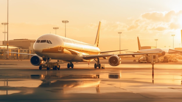 Un gros avion de passagers dans la zone des arrivées de l'aéroport au coucher du soleil