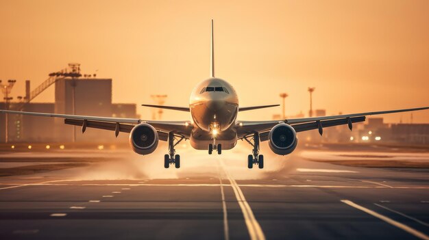 Un gros avion à réaction décolle sur une piste d'aéroport au coucher du soleil