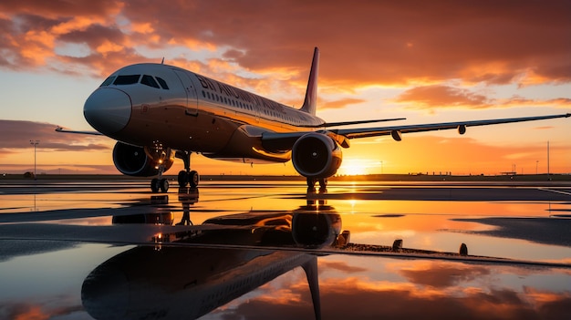 Gros avions long-courriers dotés de quatre moteurs en vol et atterrissage sur une piste le soir pendant