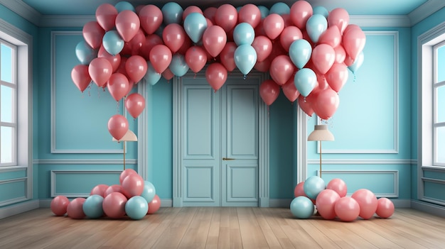 gros ballons rouges dans un intérieur bleu