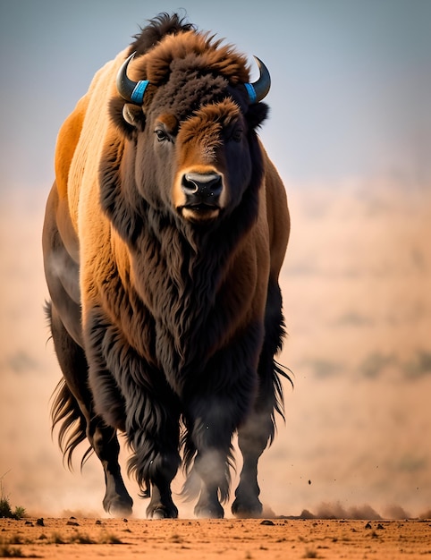 Un gros bison avec un homme sur le dos.