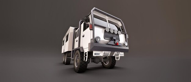 Un gros camion blanc sur fond gris, préparé pour des expéditions longues et difficiles dans une région reculée. Camion avec une maison sur roues. illustrations 3D.