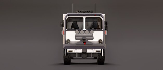 Un gros camion blanc sur fond gris, préparé pour des expéditions longues et difficiles dans une région reculée. Camion avec une maison sur roues. illustrations 3D.