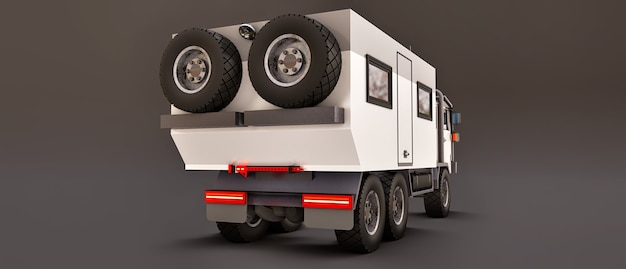 Un gros camion blanc sur fond gris, préparé pour des expéditions longues et difficiles dans une région reculée. Camion avec une maison sur roues. illustrations 3D.