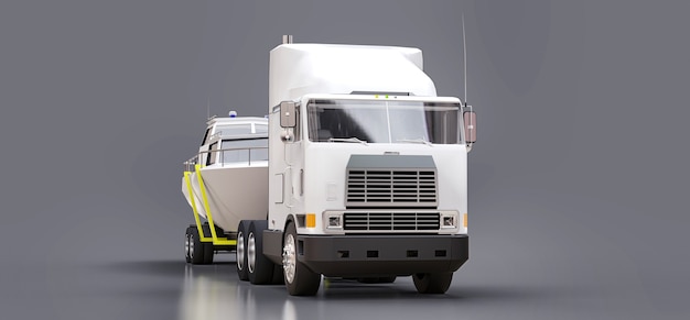 Un gros camion blanc avec une remorque pour transporter un bateau sur fond gris. rendu 3D.