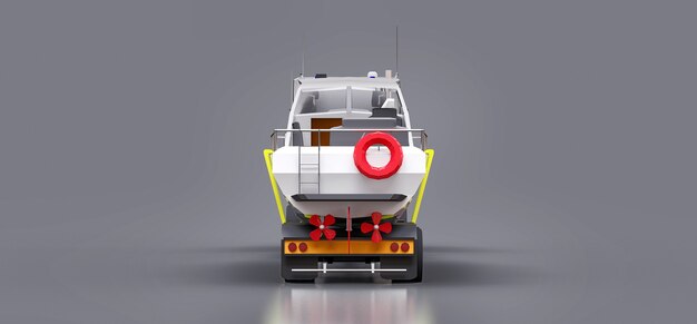 Un gros camion blanc avec une remorque pour transporter un bateau sur fond gris. rendu 3D.