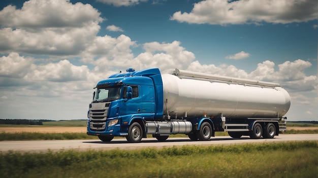 Un gros camion-citerne blanc qui transporte du carburant dans le studio.