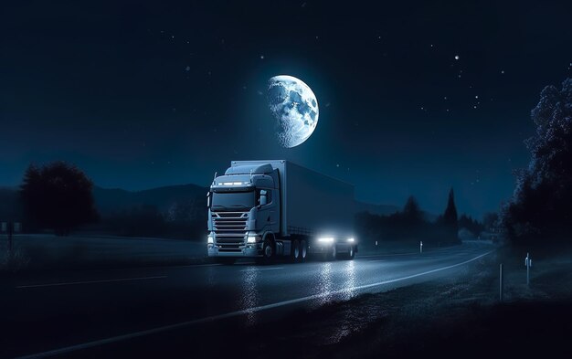 Gros camion conduisant le concept de livraison de nuit AI Generative AI