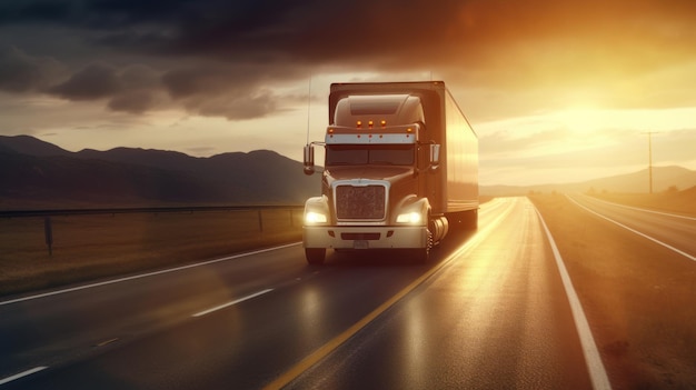 Gros camion conduisant le concept de livraison de nuit AI générative