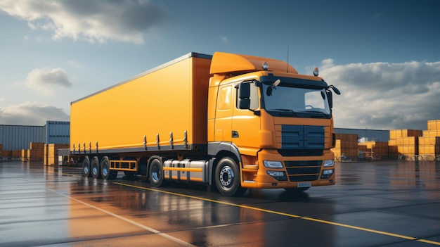 Gros camion jaune dans un entrepôt de fret