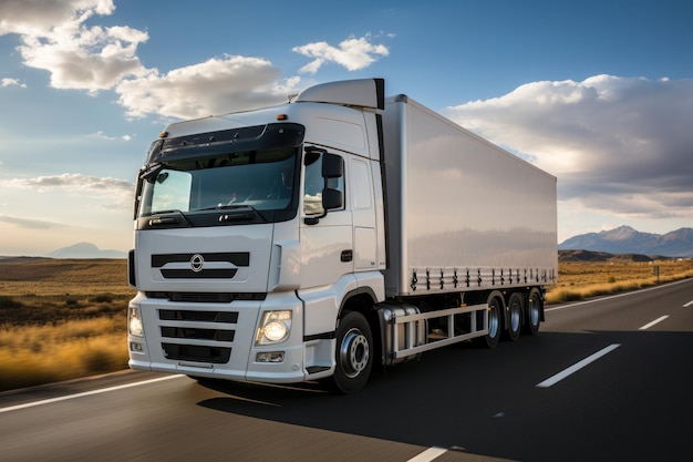 Un gros camion transportant des marchandises roule sur l'autoroute près d'un champ d'herbe sèche à la lumière du jour