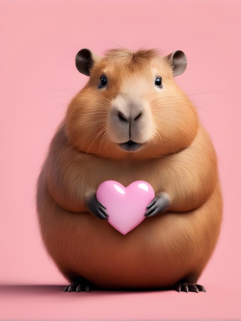 Photo gros capybara tenant un coeur sur fond rose