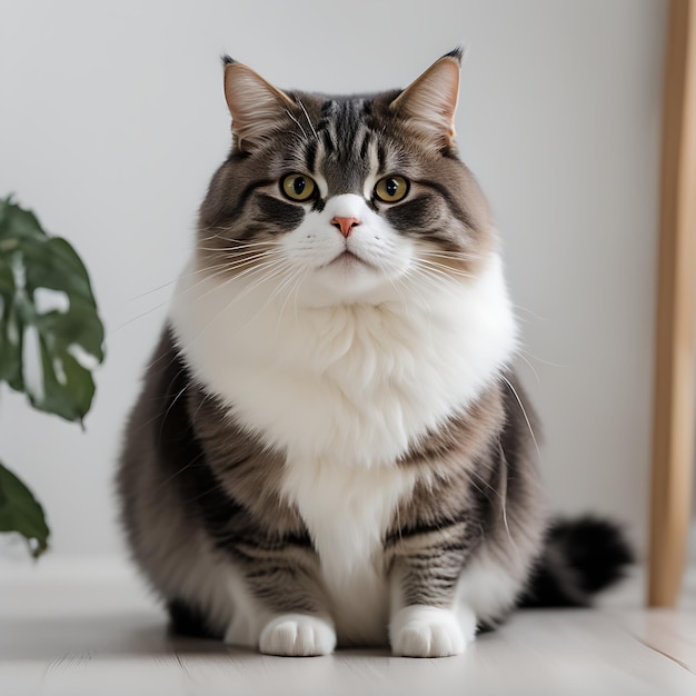 Gros chat assis sur le sol avec un fond blanc