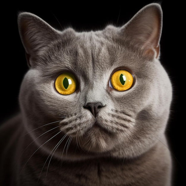 Un gros chat britannique gris avec des yeux jaunes ronds surpris Closeup portrait sur noir