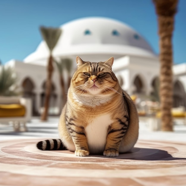 Un gros chat heureux en vacances.