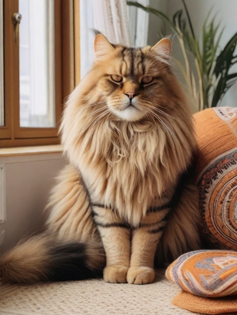 Un gros chat moelleux dans une pièce bohème